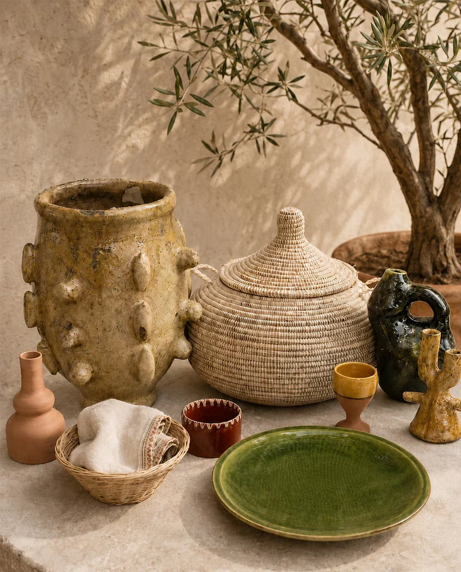 Paniers tressés, poteries et branches d'olivier, art de vivre Tigmi Tam
