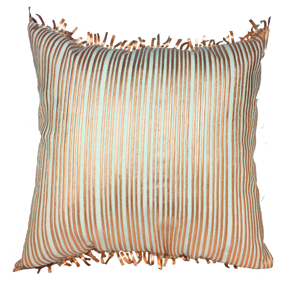 Housse de coussin en cuir, rayures cuivrées à franges
