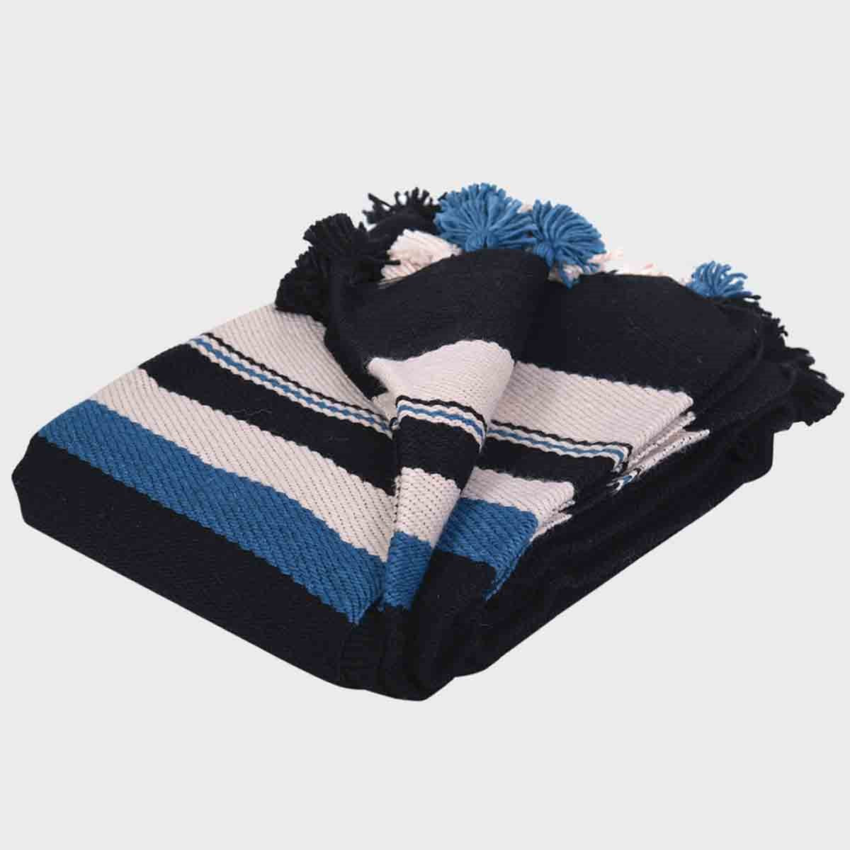 Plaid en laine à pompons, noir et bleu rayé