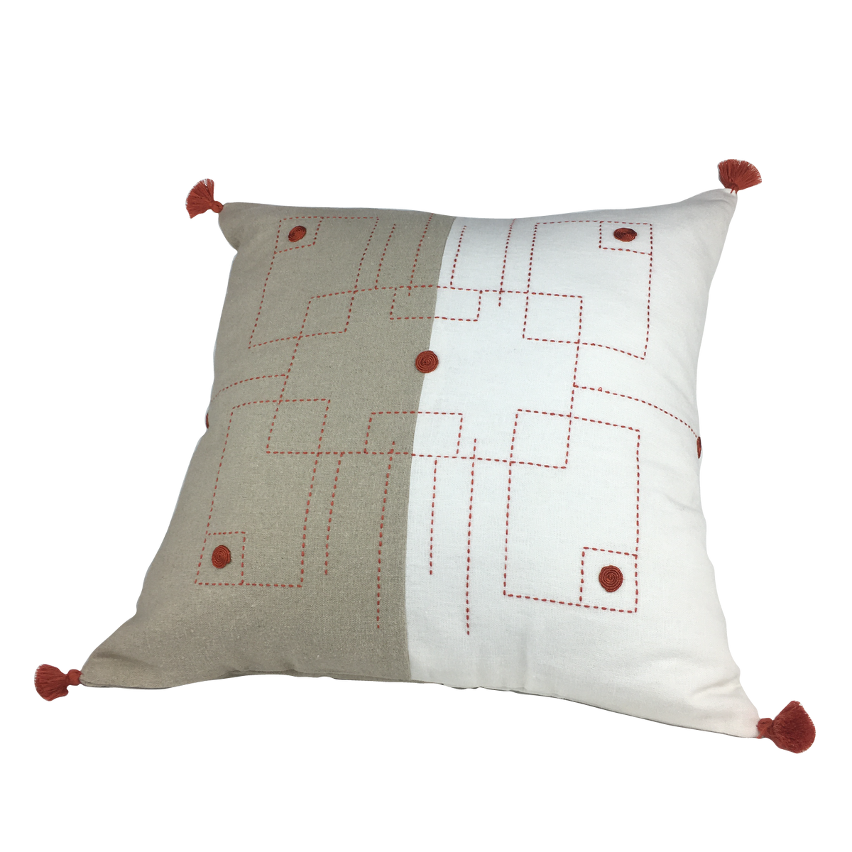 Housse de coussin en lin géométrique, taupe et blanc