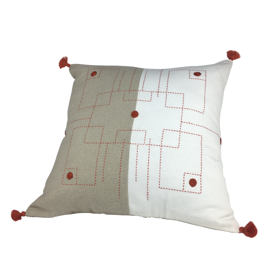 Housse de coussin en lin géométrique, taupe et blanc