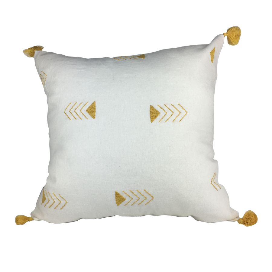 Housse de coussin brodée en lin, blanc à flèches moutarde