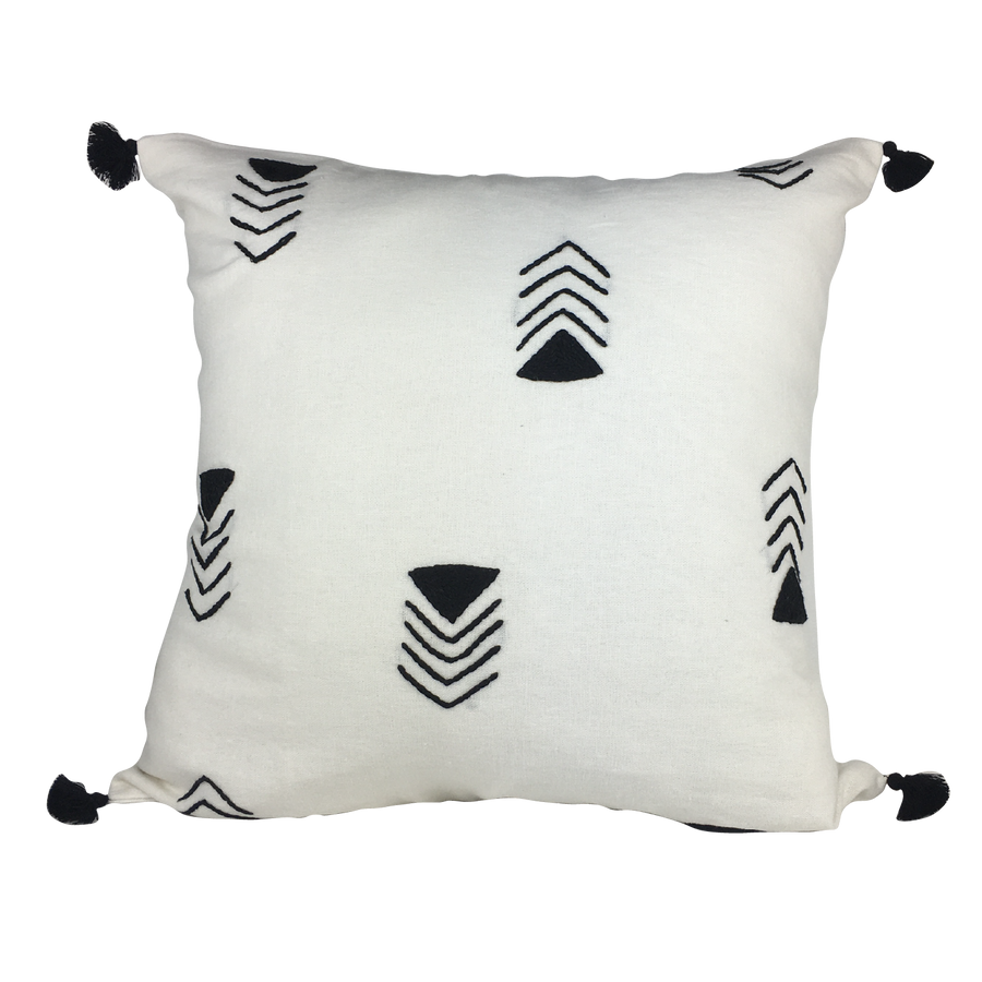 Housse de coussin brodée en lin, blanc à flèches noires