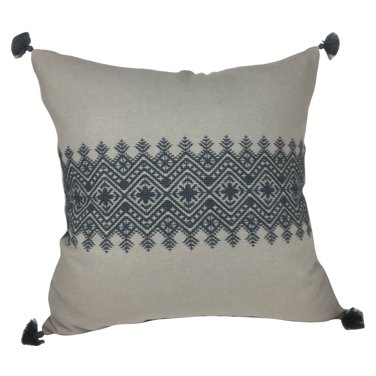 Housse de coussin brodée en lin, gris à bande brodée