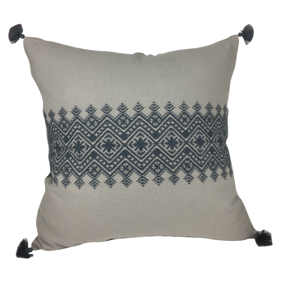 Housse de coussin brodée en lin, gris à bande brodée