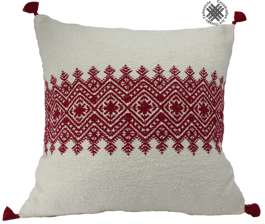 Housse de coussin brodée en lin, naturel brodé rouge