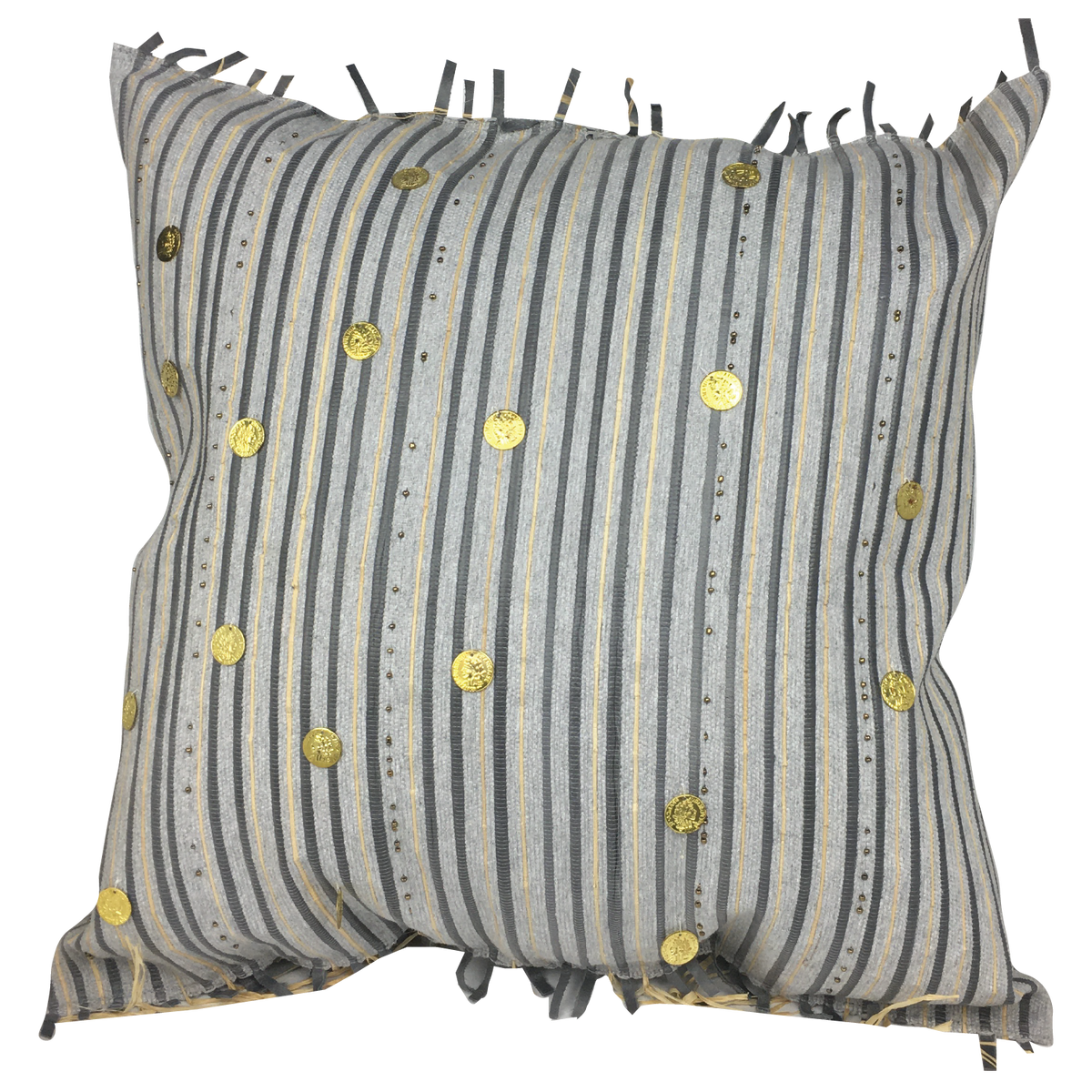 Housse de coussin en cuir, gris à franges
