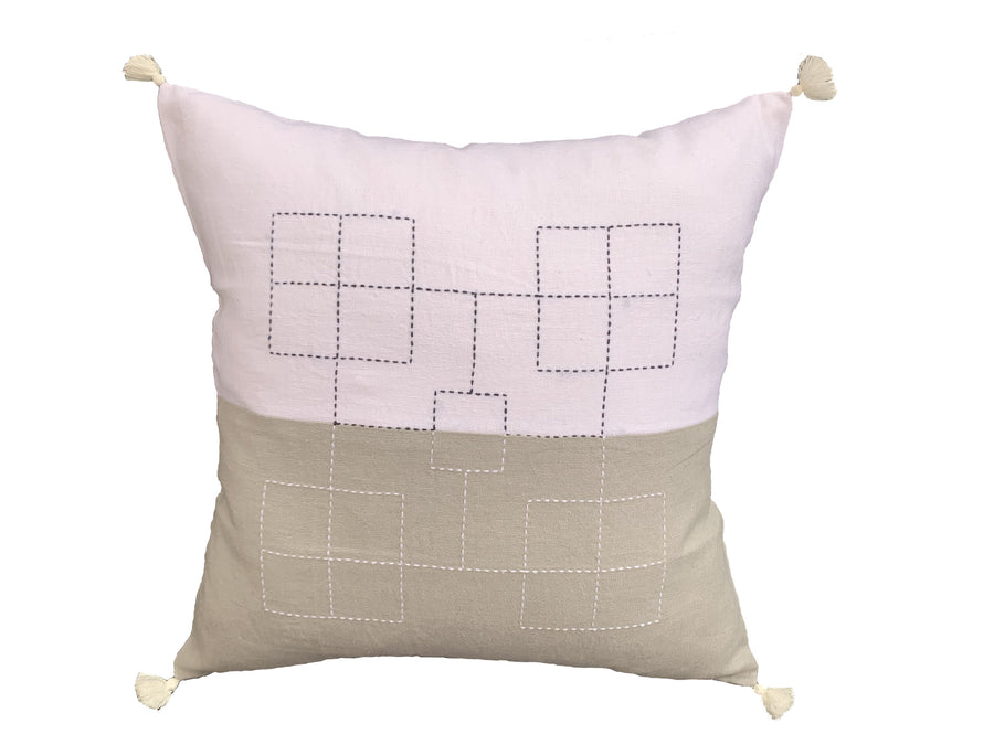 Housse de coussin en lin géométrique, rose pâle et taupe