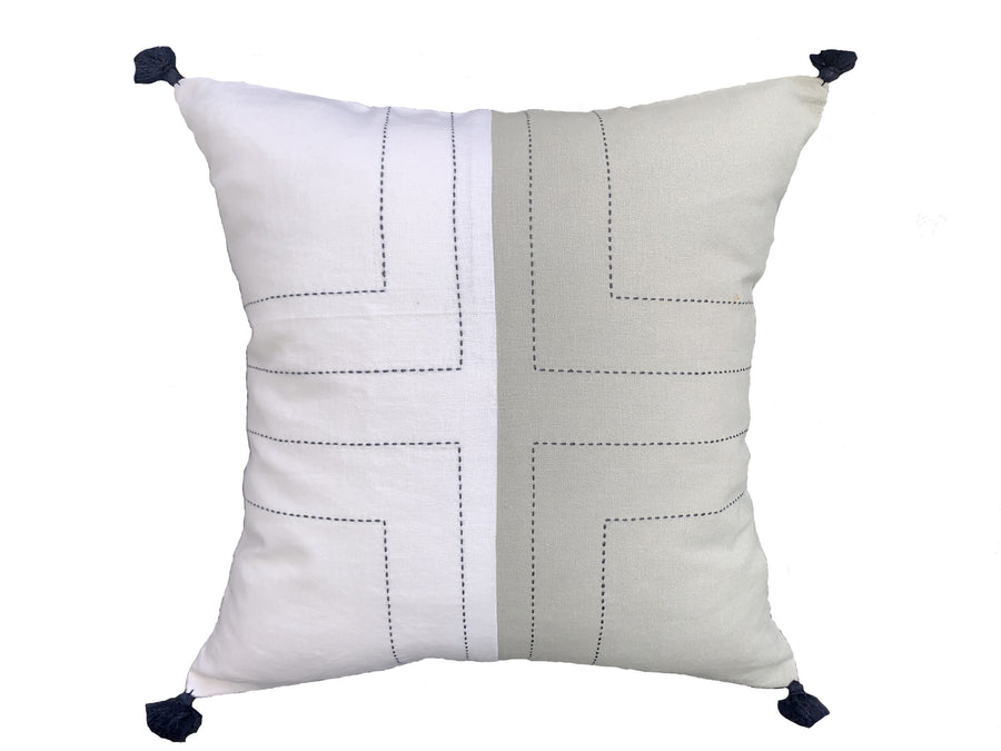 Housse de coussin en lin géométrique, blanc à lignes grises
