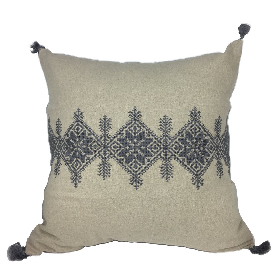 Housse de coussin brodée en lin, naturel brodé noir