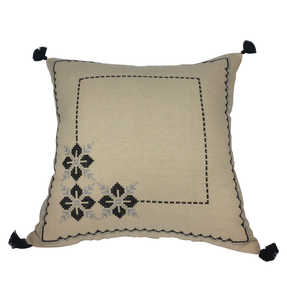 Housse de coussin en lin géométrique, naturel à fleurs noires