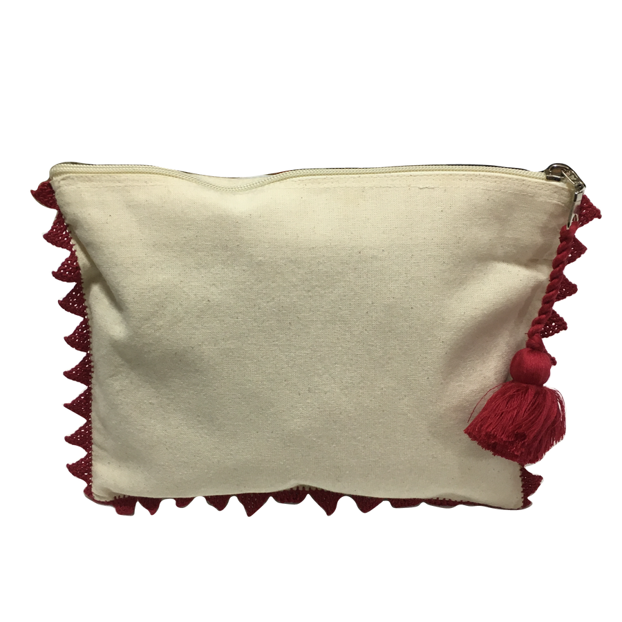 Pochette brodée en kiria, dents bordeaux