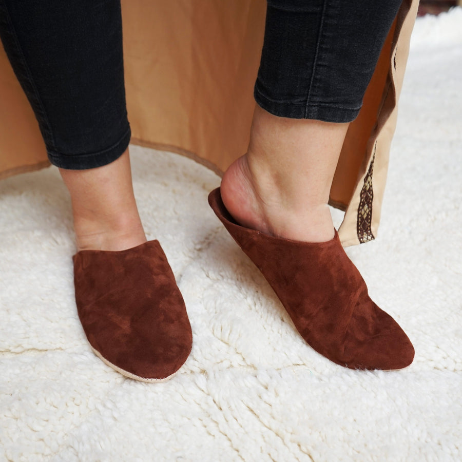 Babouches marocaines en cuir et tissu, cognac