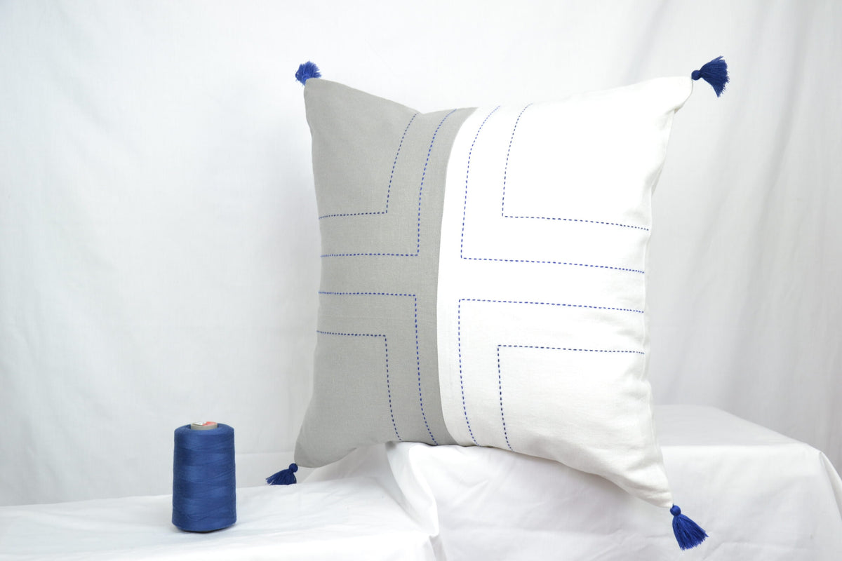 Housse de coussin en lin géométrique, blanc et gris
