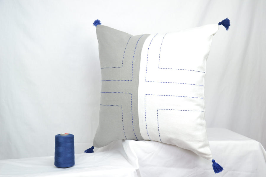 Housse de coussin en lin géométrique, blanc et gris