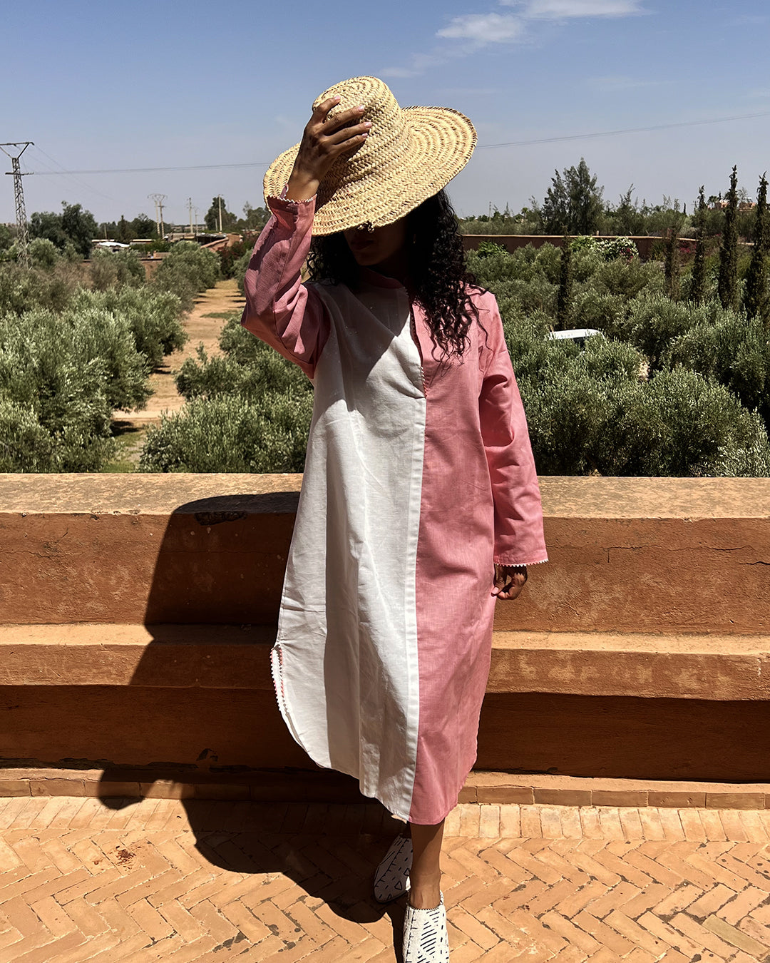 Robe en lin bicolore rose et blanc, vue 3