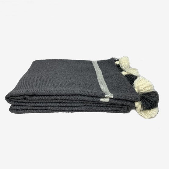 Plaid en laine finition crochet, anthracite à bande écrue