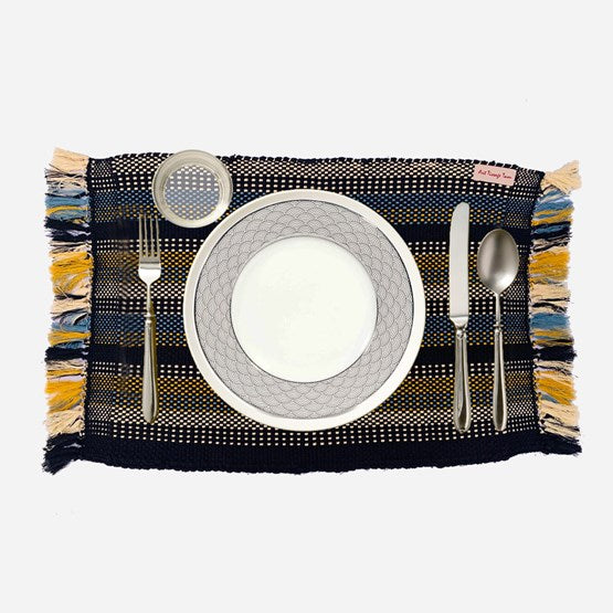 Set de table tissé en coton, noir à franges jaunes