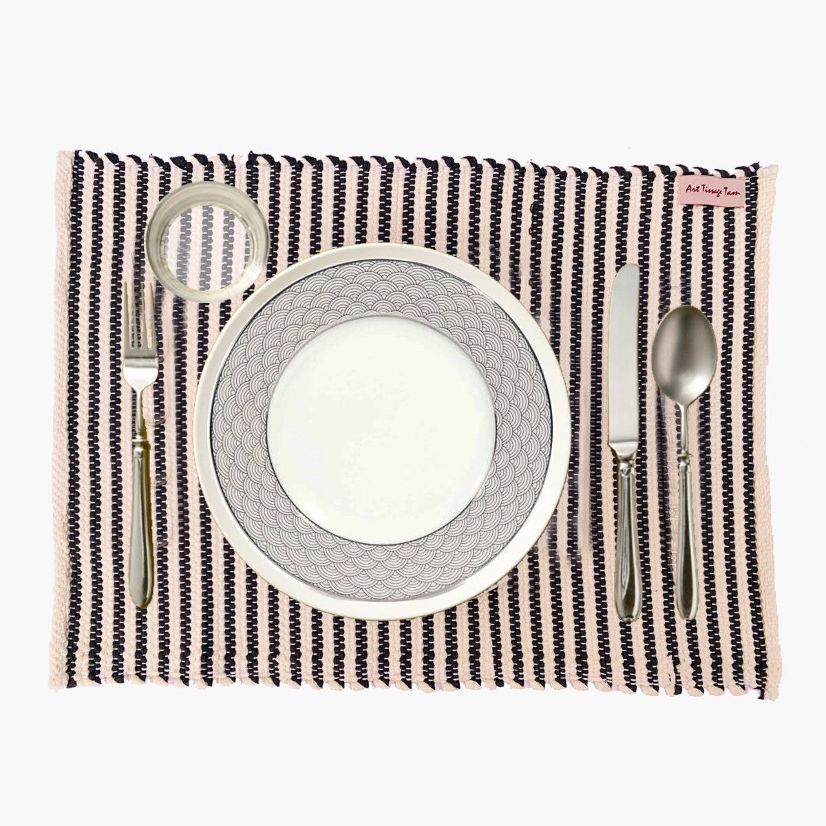 Set de table tissé en coton, rayé noir et blanc