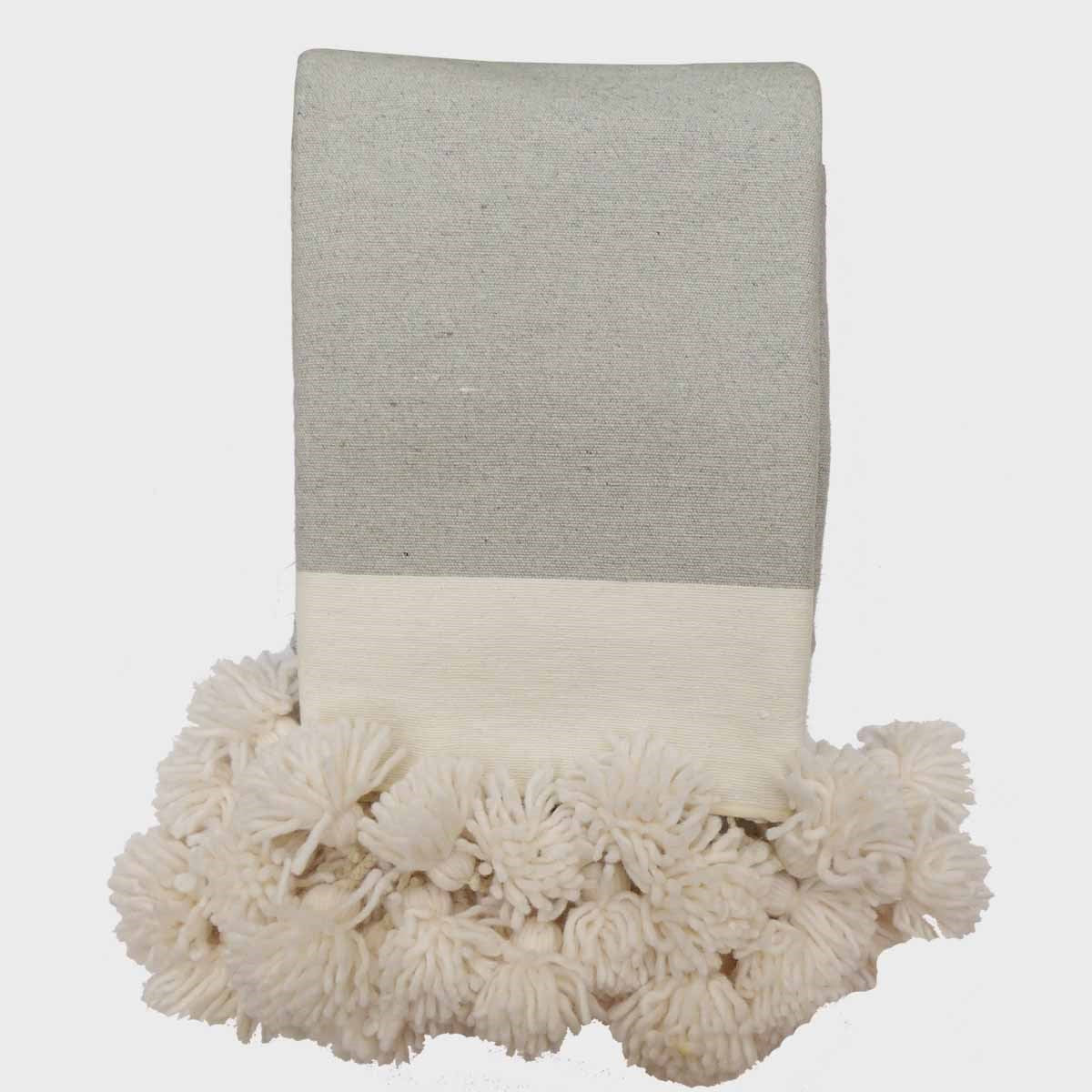 Plaid en laine à pompons, gris clair à pompons blancs
