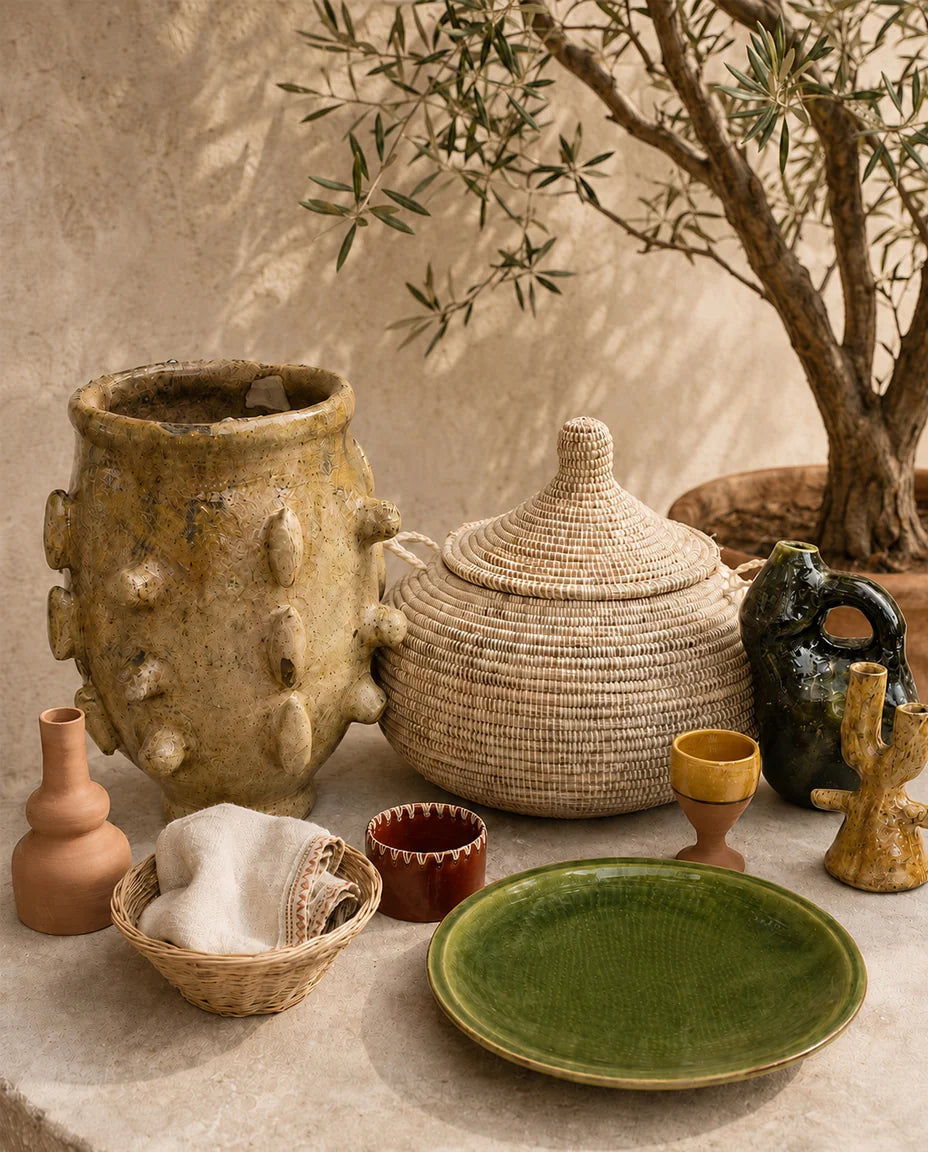 Ambiance artisanale marocaine : paniers tressés, poteries et branches d'olivier en lumière naturelle