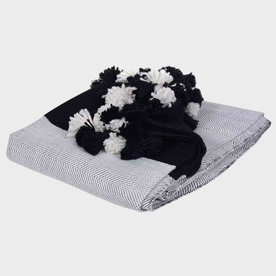 Plaid laine finitions pompons tissé à la main