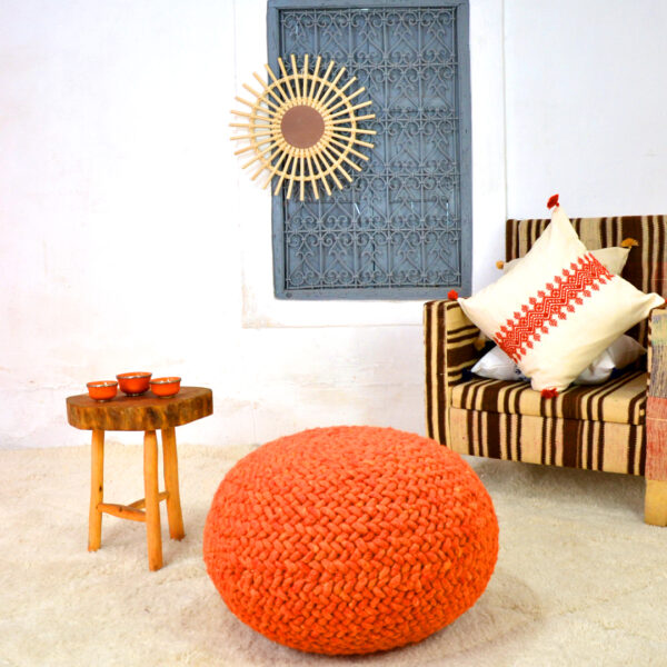Pouf galet en laine fait à la main Orange