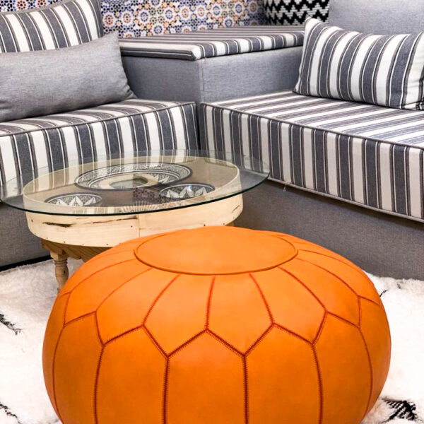 Pouf Artisanal Marocain en Cuir Véritable Fait Main