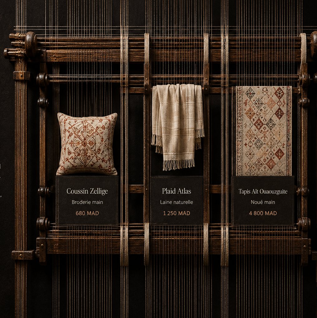 Métier à tisser avec coussin, plaid et tapis