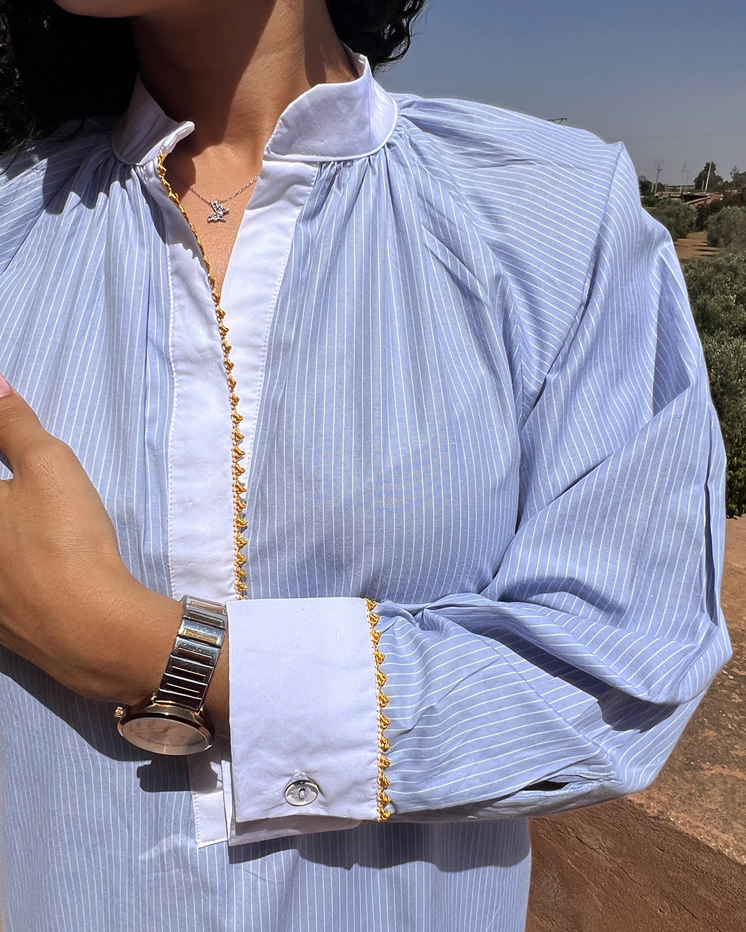 Robe en lin pour femmes rayée bleu & blanc